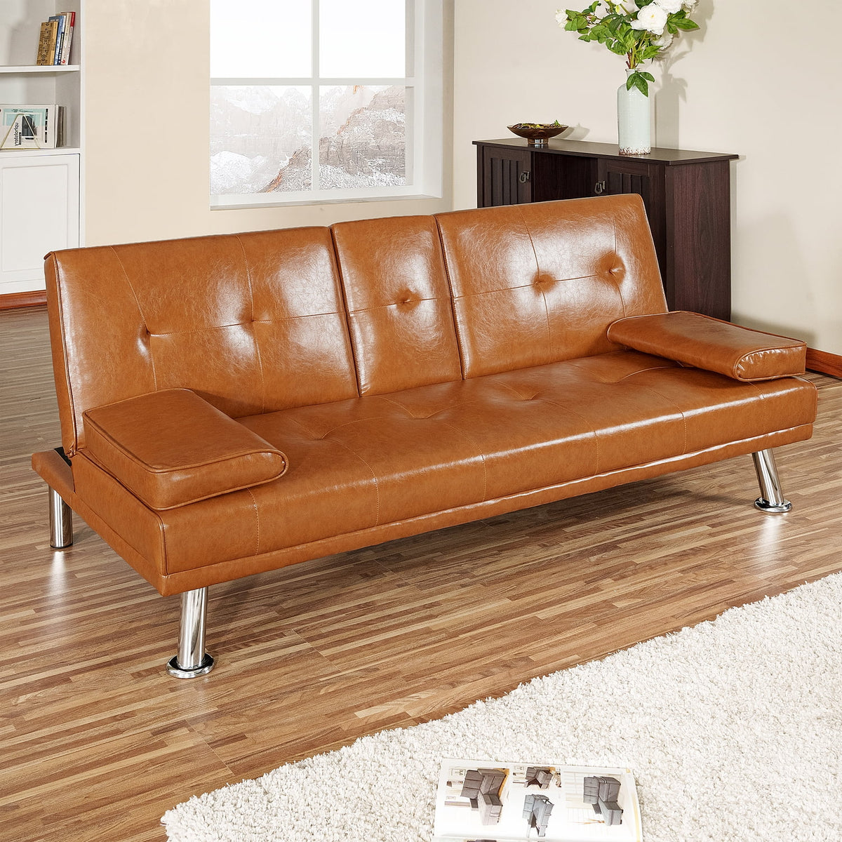 Caramel Futon Sofa with Armrest and Cupholders Z891789