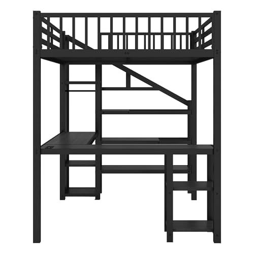 Queen Size Black Metal Loft Bed with Desk and Wardrobe F95382