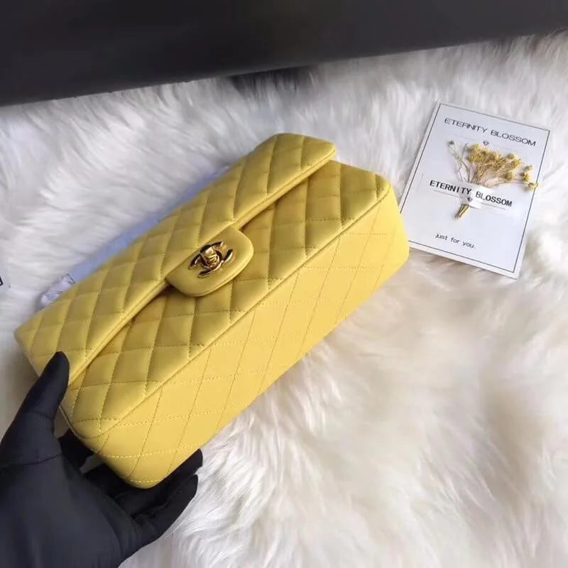Yellow Lambskin Leather Flap Bag I875