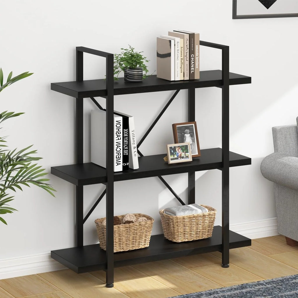Black 3 Tier Metal Wooden Bookshelf F30845