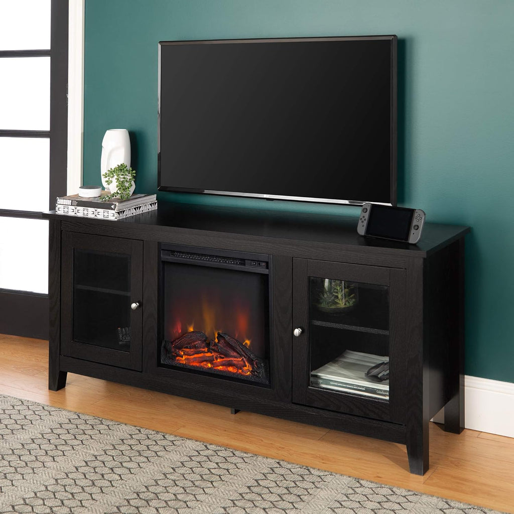 Black 58 Inch Wood and Glass Fireplace TV Stand P445