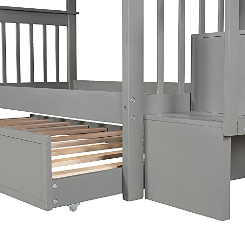 White Twin Over Twin Solid Wood Bunk Bed with Stairs and Trundle F341