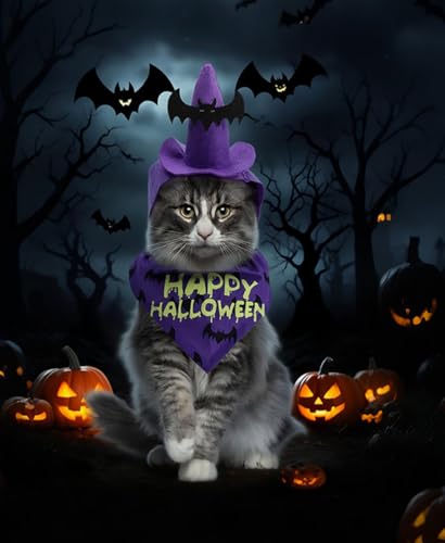 Dog Halloween Costumes 2Pcs Set Witch Hat and Bandana Black D495