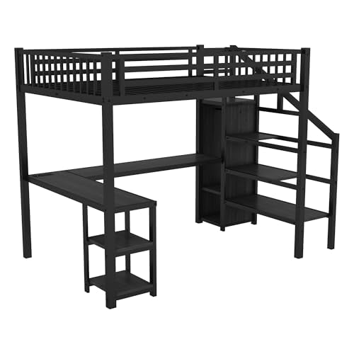 Queen Size Black Metal Loft Bed with Desk and Wardrobe F95382