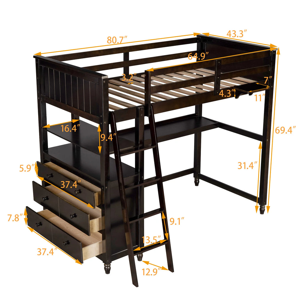 Twin Size Pine Wood Loft Bed with Desk and Shelves D726