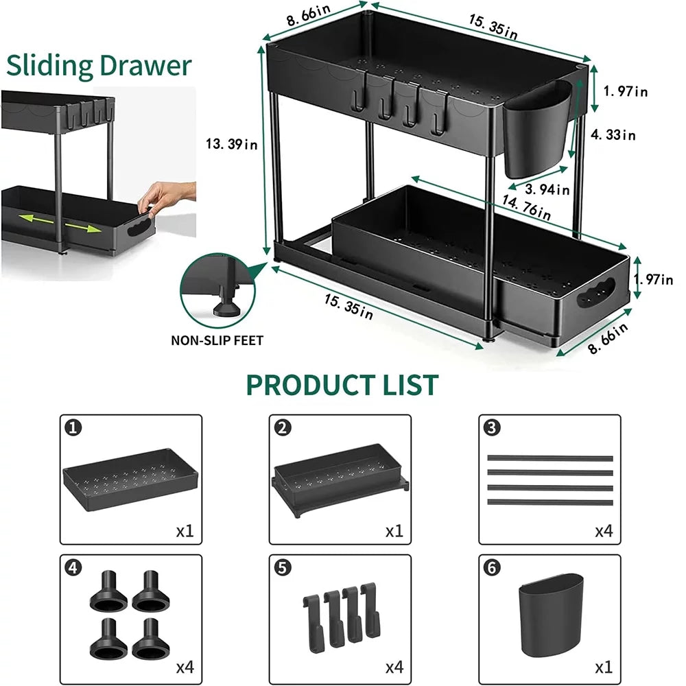 2 Pack 2-Tier Pull Out Under Sink Organizer with Hook & Hanging Cup E259