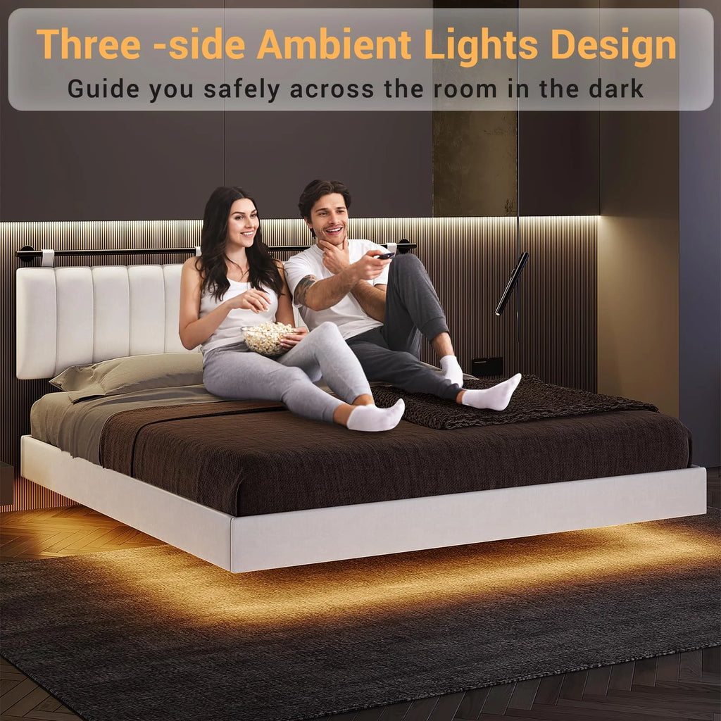 Queen Floating Bed Frame with LED Lights and Wall Mounted Headboard E52252