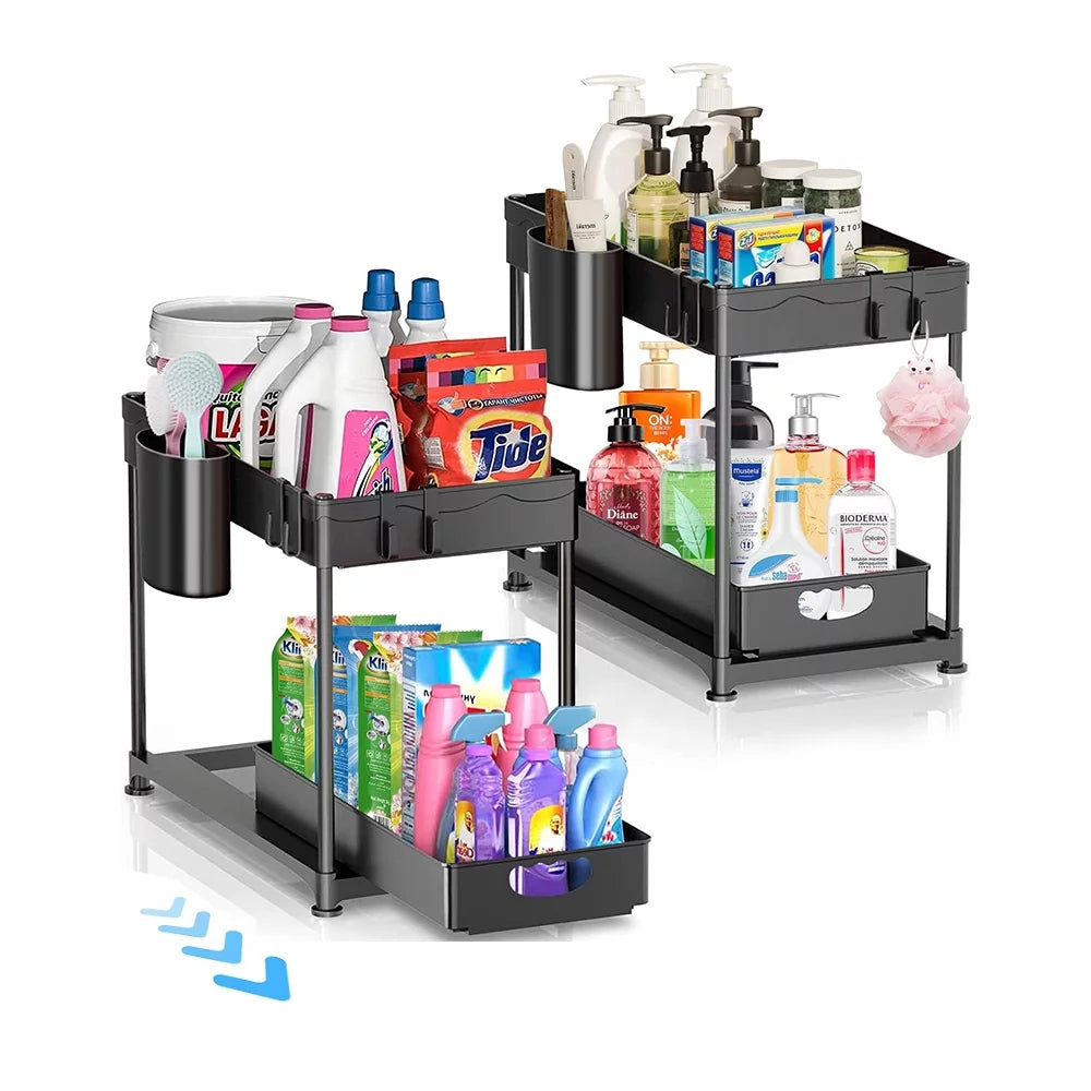 2 Pack 2-Tier Pull Out Under Sink Organizer with Hook & Hanging Cup E259