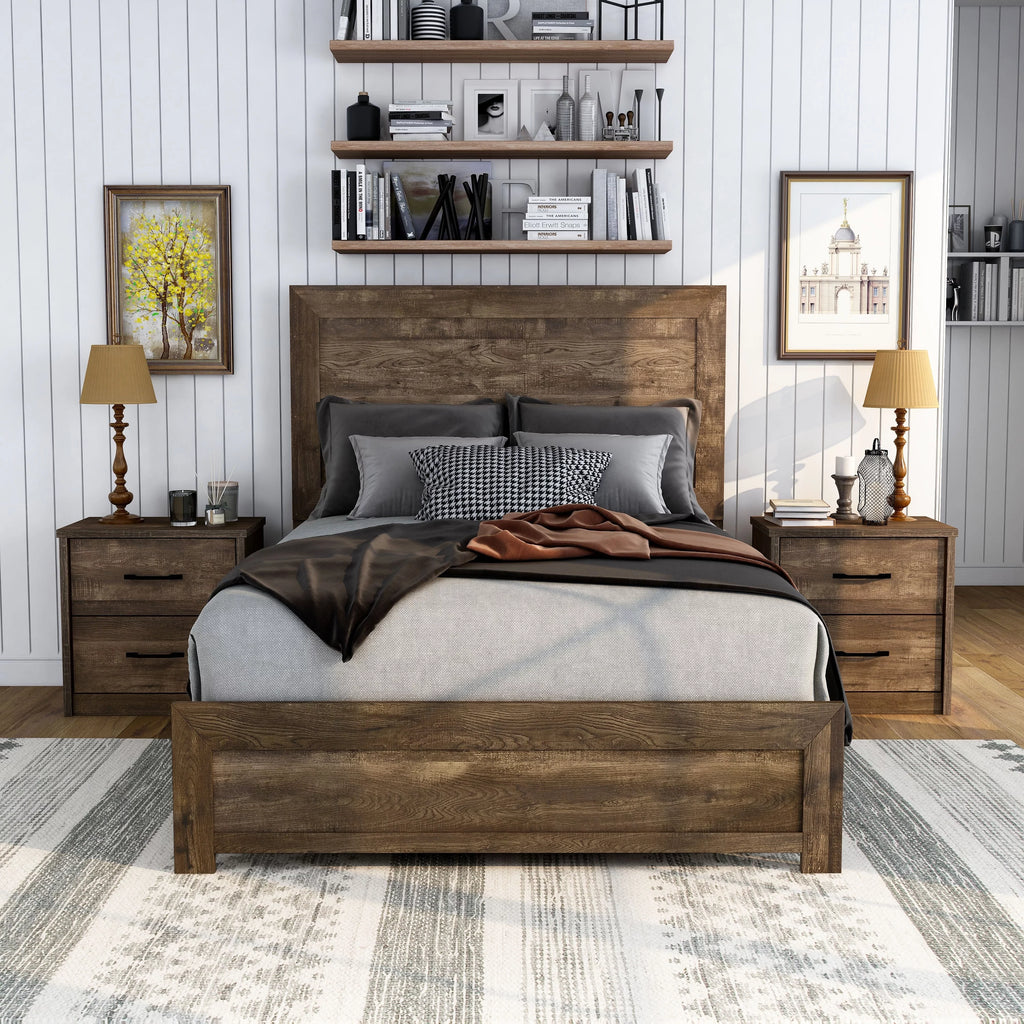 Rustic Walnut 2-Piece Panel Bed and Nightstand Set with USB Port O51273