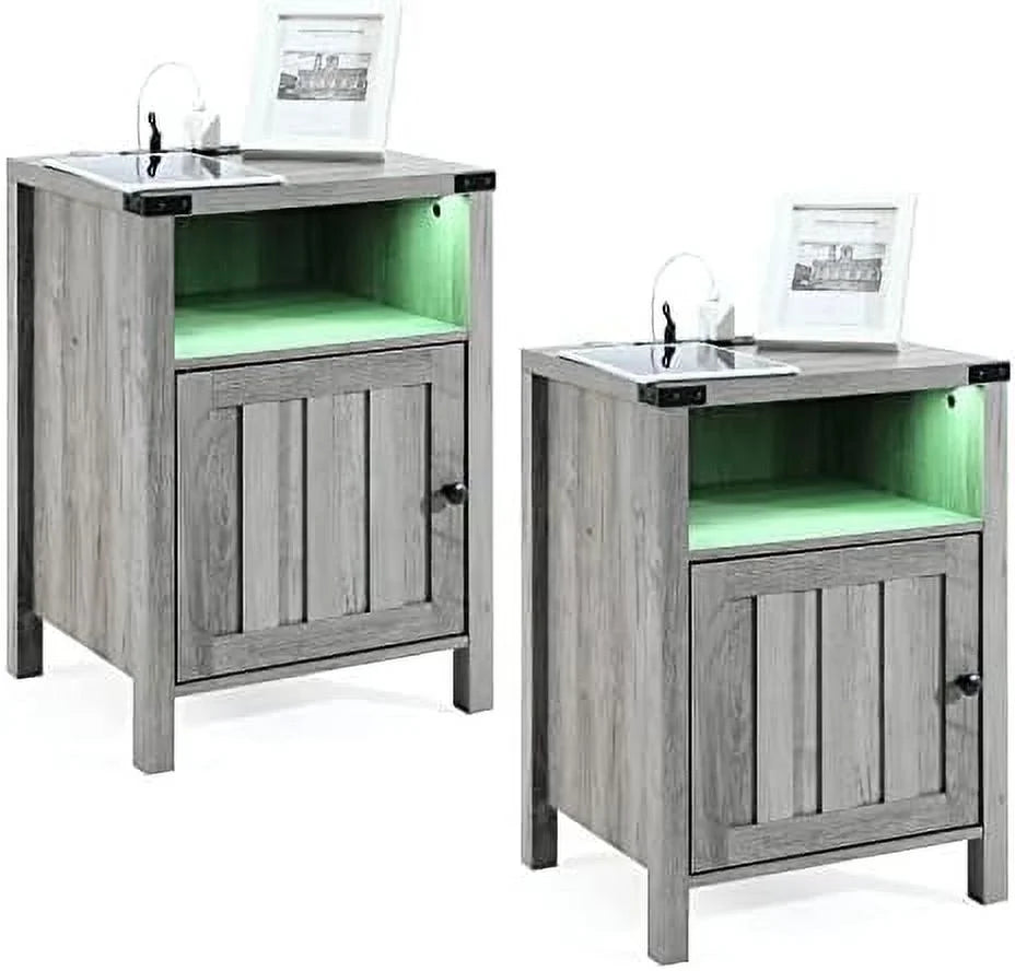 Grey Nightstand with LED Lights and Charging Station Set of 2 S8378
