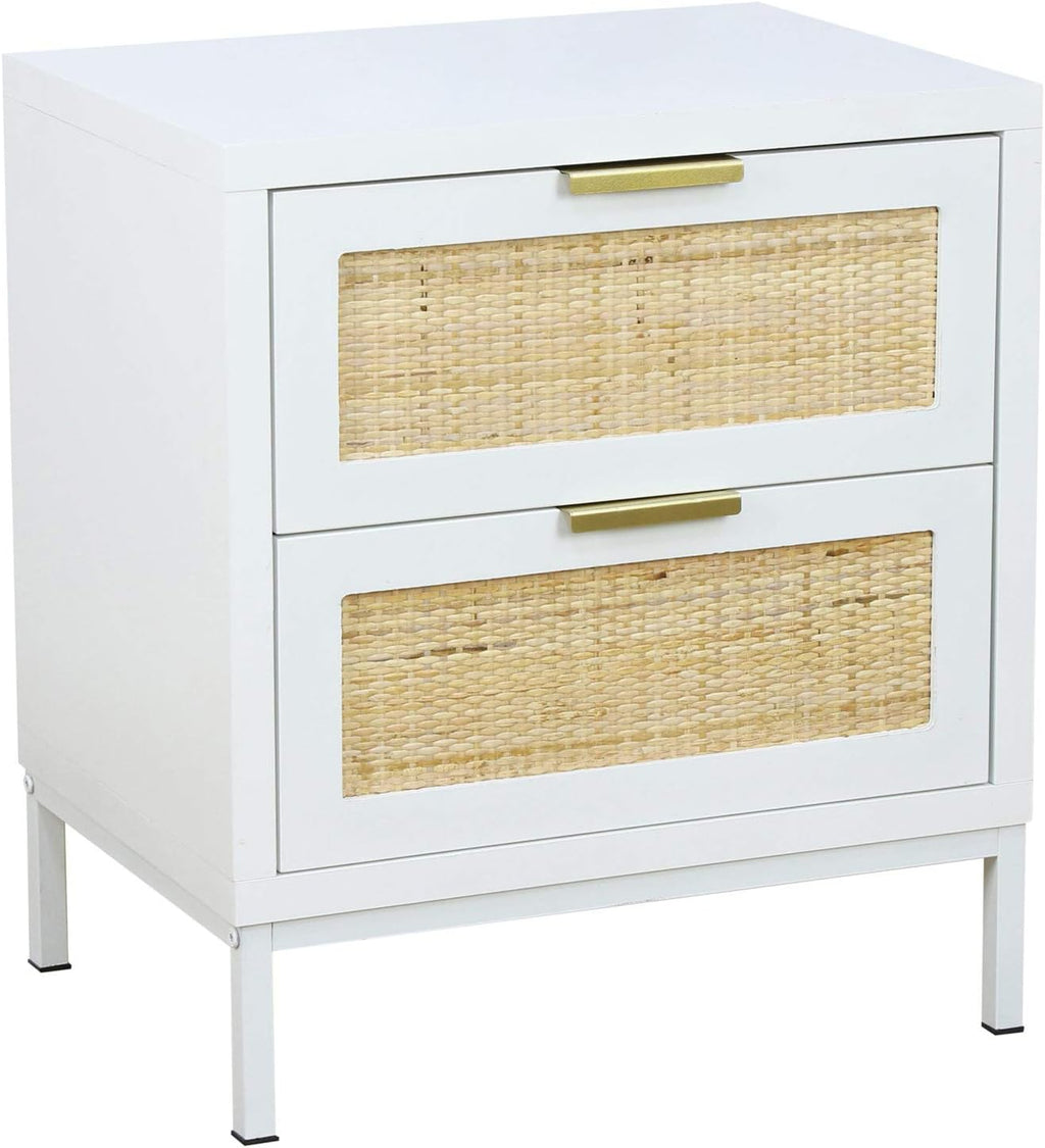 White Natural Rattan 2 Drawer Wood Nightstand N165077