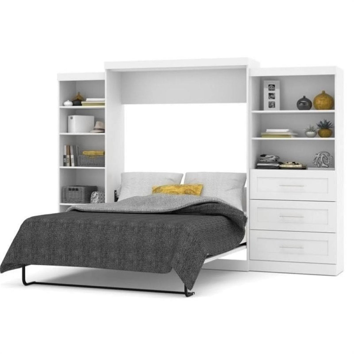 White Wood Queen Storage Wall Bed F633