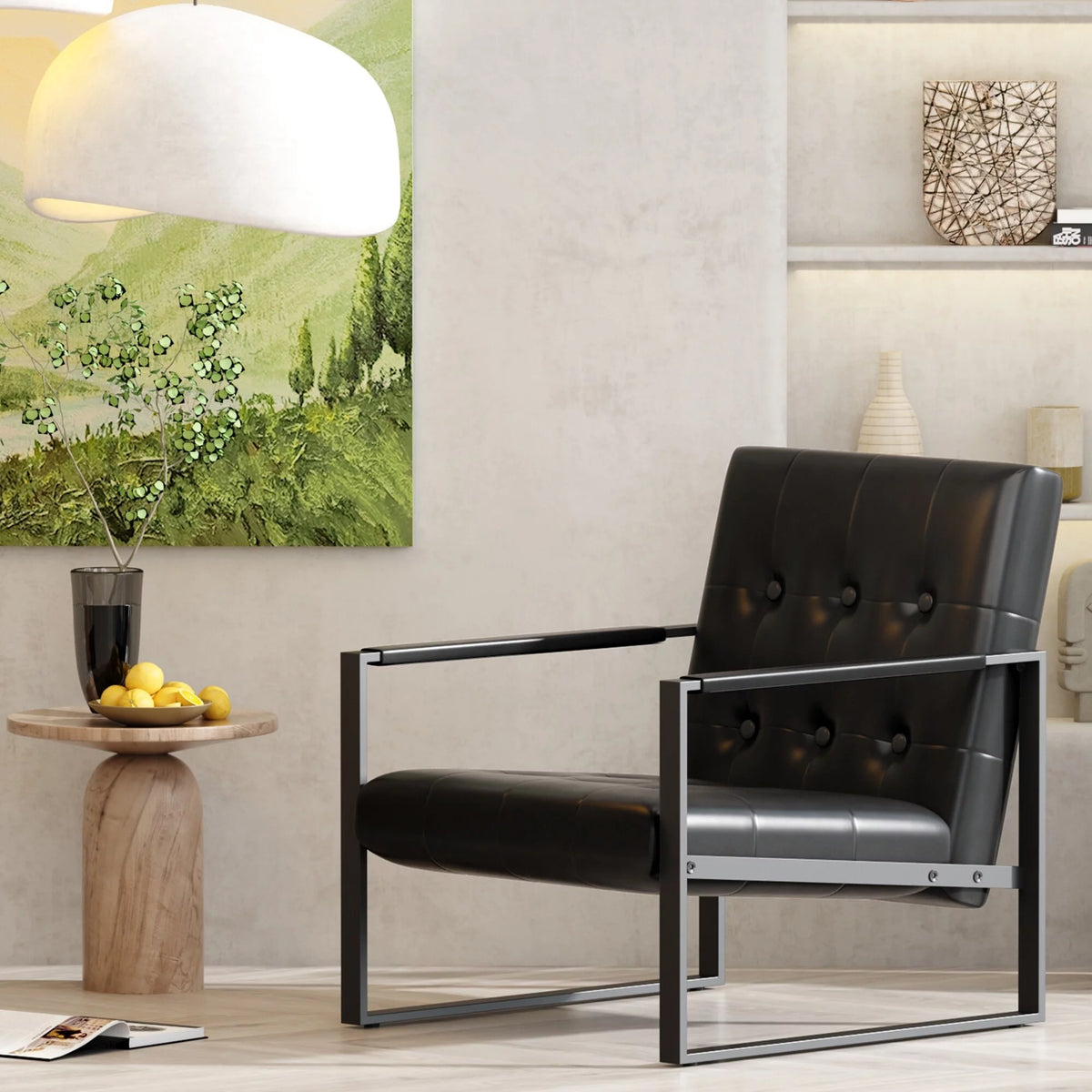 Brown Faux Leather Accent Chair with Steel Frame J9616