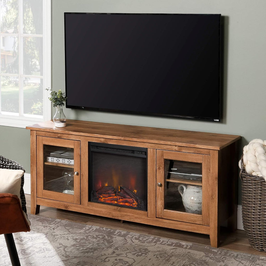 Black 58 Inch Wood and Glass Fireplace TV Stand P445
