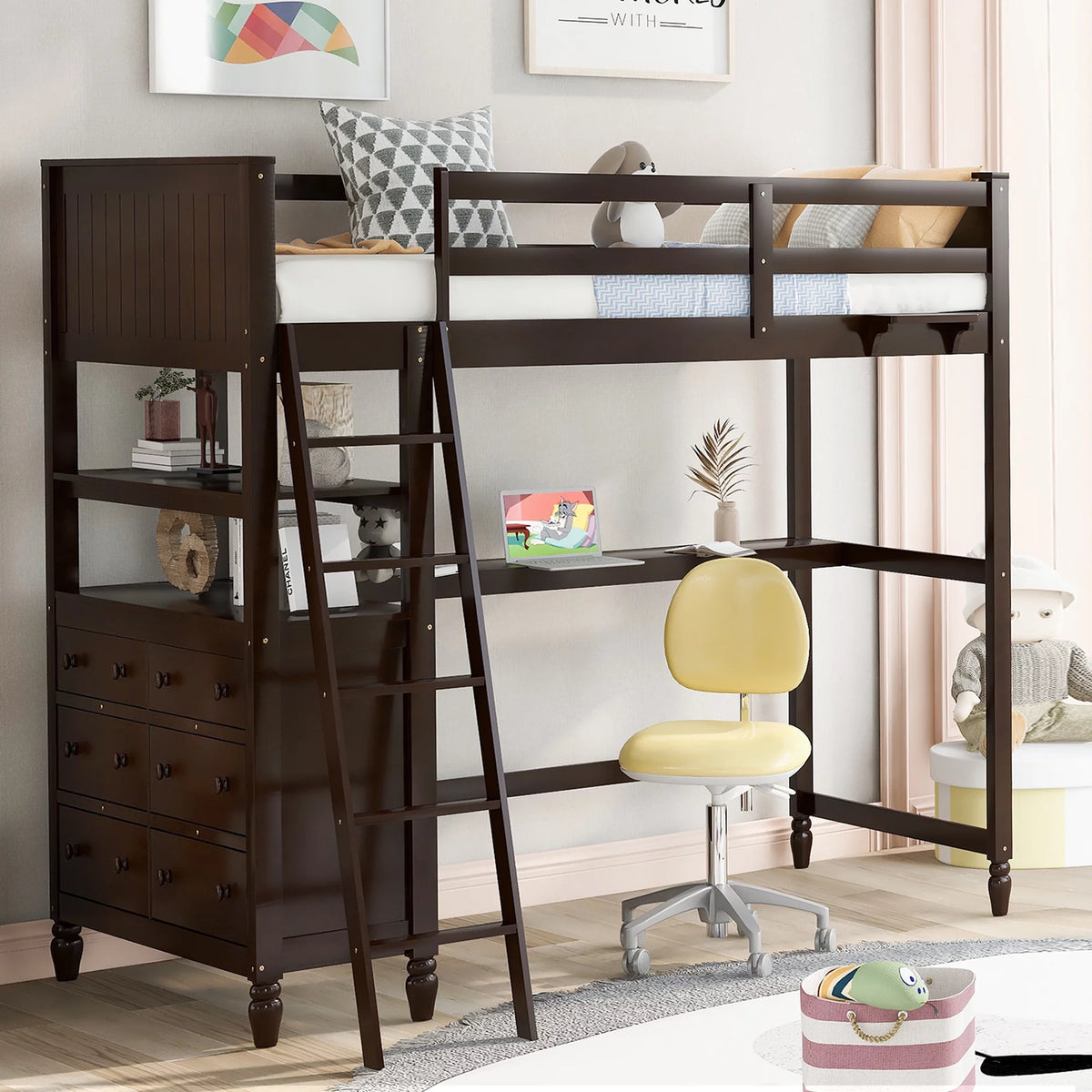 Twin Size Pine Wood Loft Bed with Desk and Shelves D726
