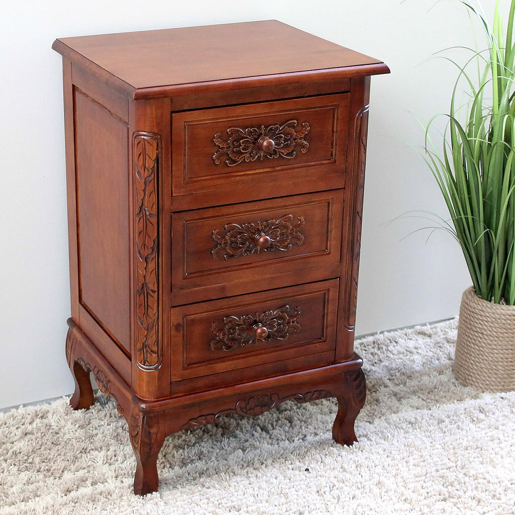 Hand Carved Wood 3-Drawer End Table A354
