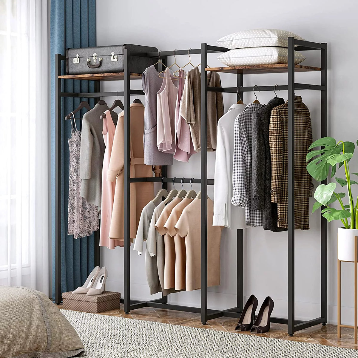 Black Heavy Duty Metal Closet Organizer with Shelves and Hanging Rod X82292