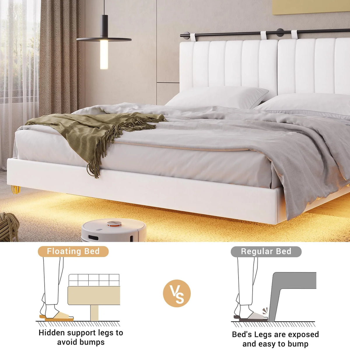 Queen Floating Bed Frame with LED Lights and Wall Mounted Headboard E52252