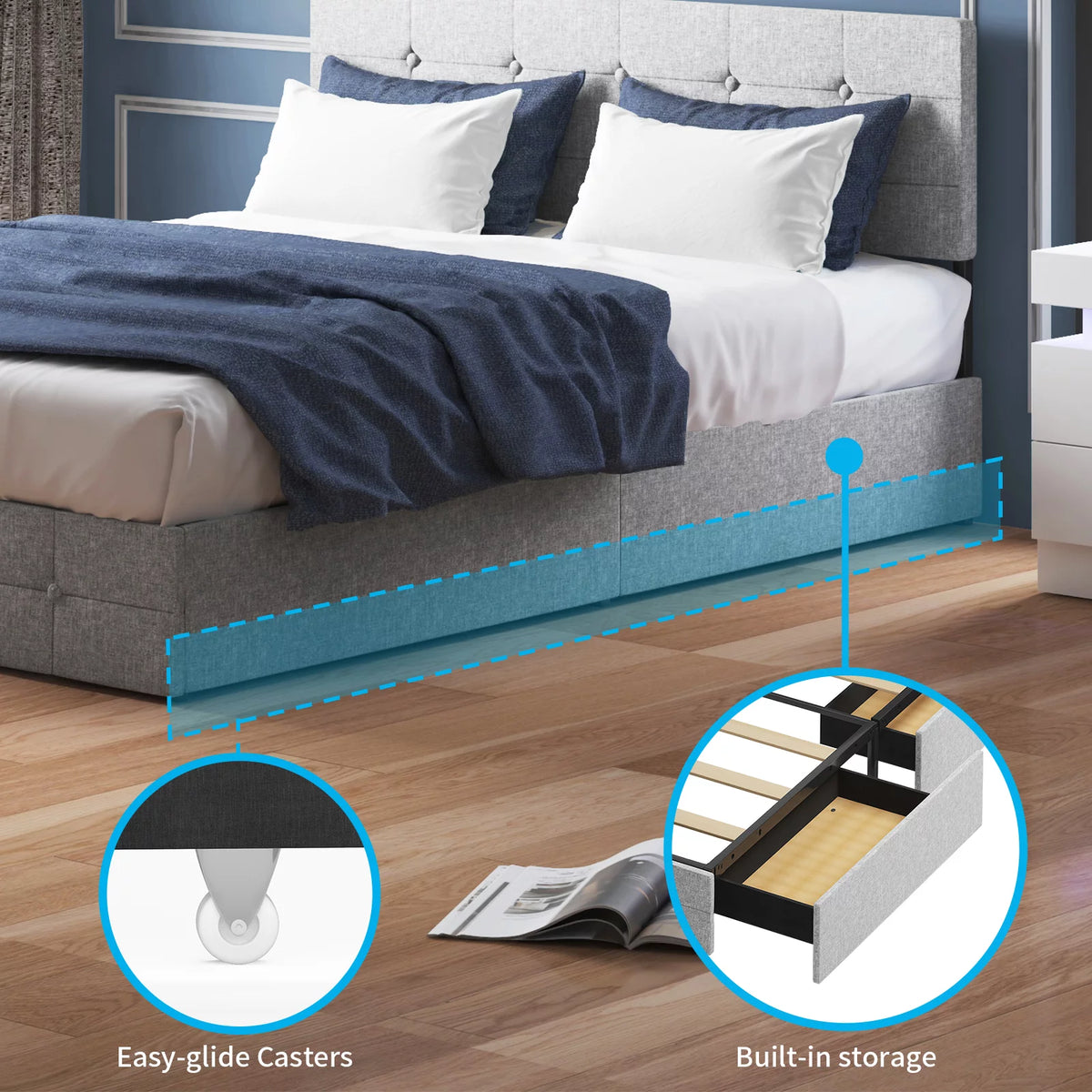 Black Linen Fabric Full Storage Bed Frame with Upholstered Headboard T5426