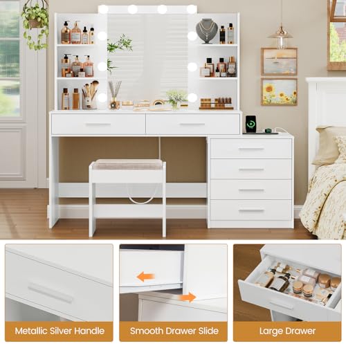 Large White Vanity Desk with Lighted Mirror and Power Outlet M306014
