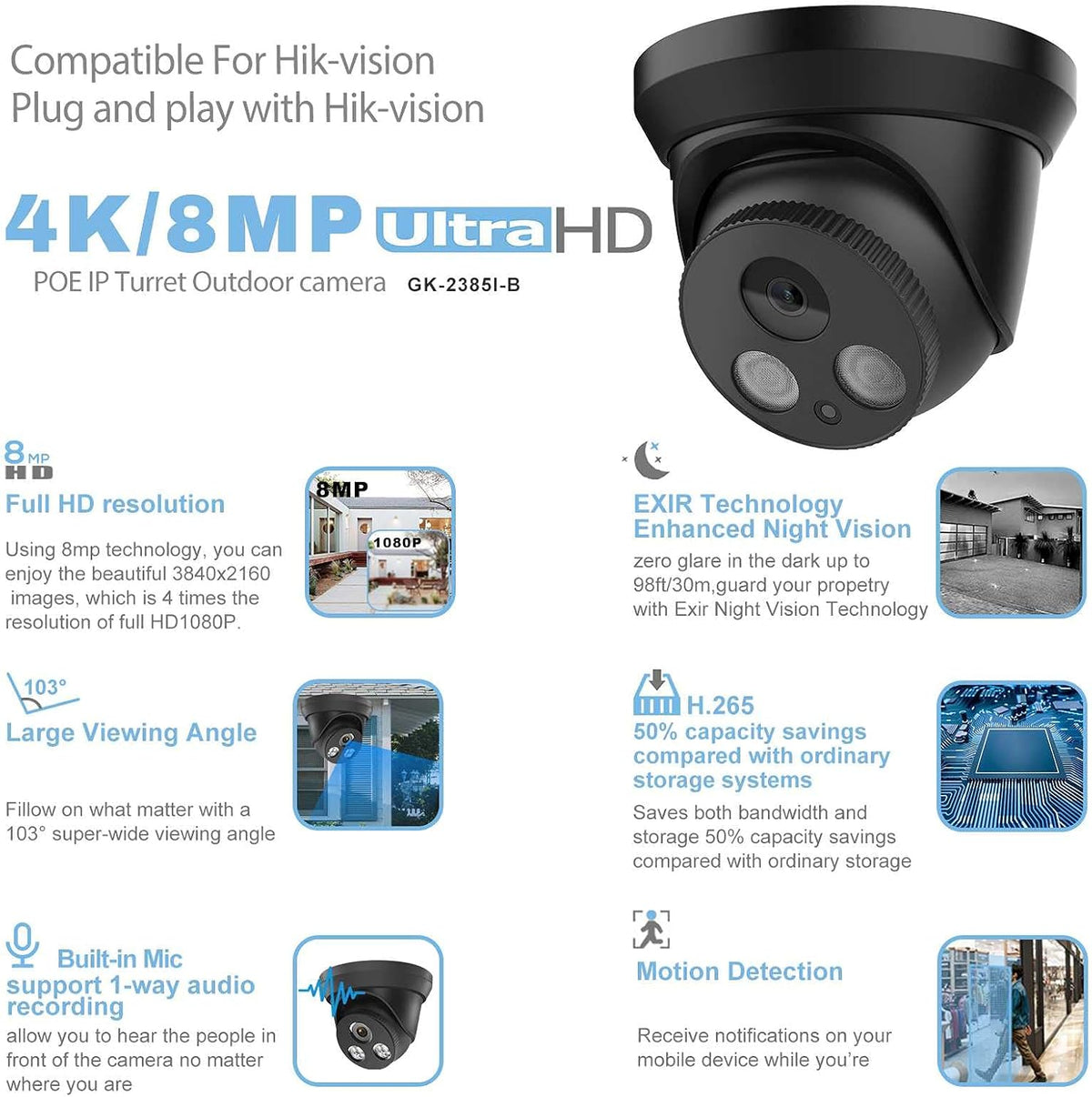 4K 8MP Outdoor PoE IP Camera with Mic/Audio, 98ft Night Vision, Black M6622