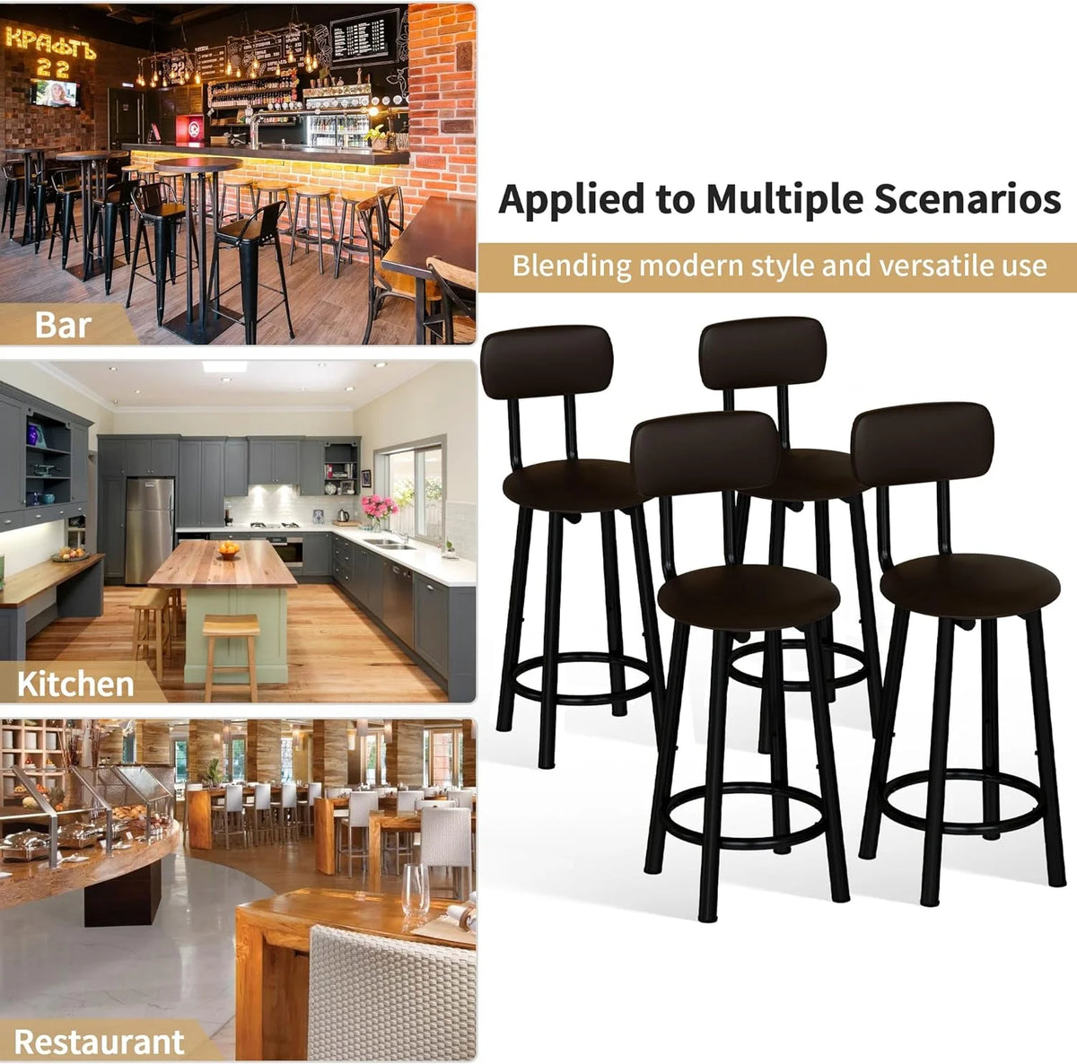Bar Stools Set of 4, 35.4 inch PU Leather with Backrest, Rustic Brown O2654