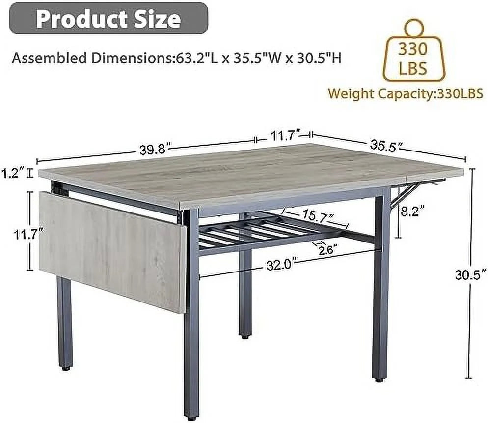 Extendable Drop Leaves Dining Table with Metal Legs Grey Q388393