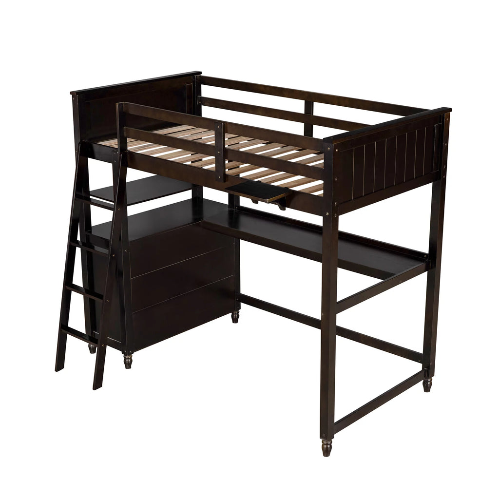 Twin Size Pine Wood Loft Bed with Desk and Shelves D726