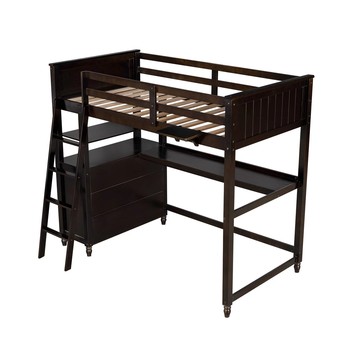 Twin Size Pine Wood Loft Bed with Desk and Shelves D726