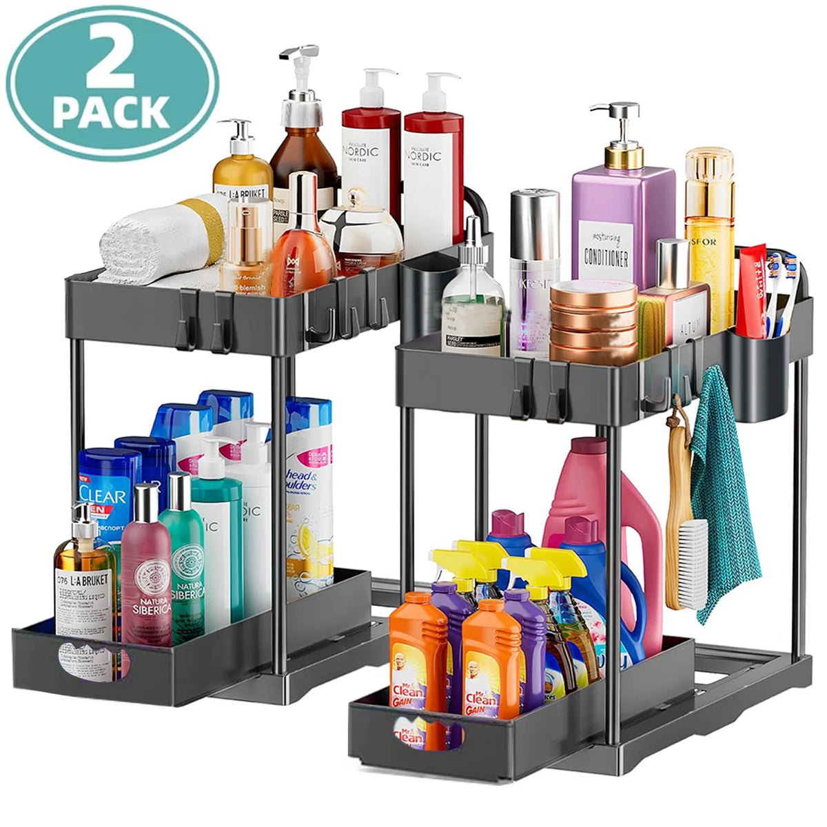 2 Pack 2-Tier Pull Out Under Sink Organizer with Hook & Hanging Cup E259