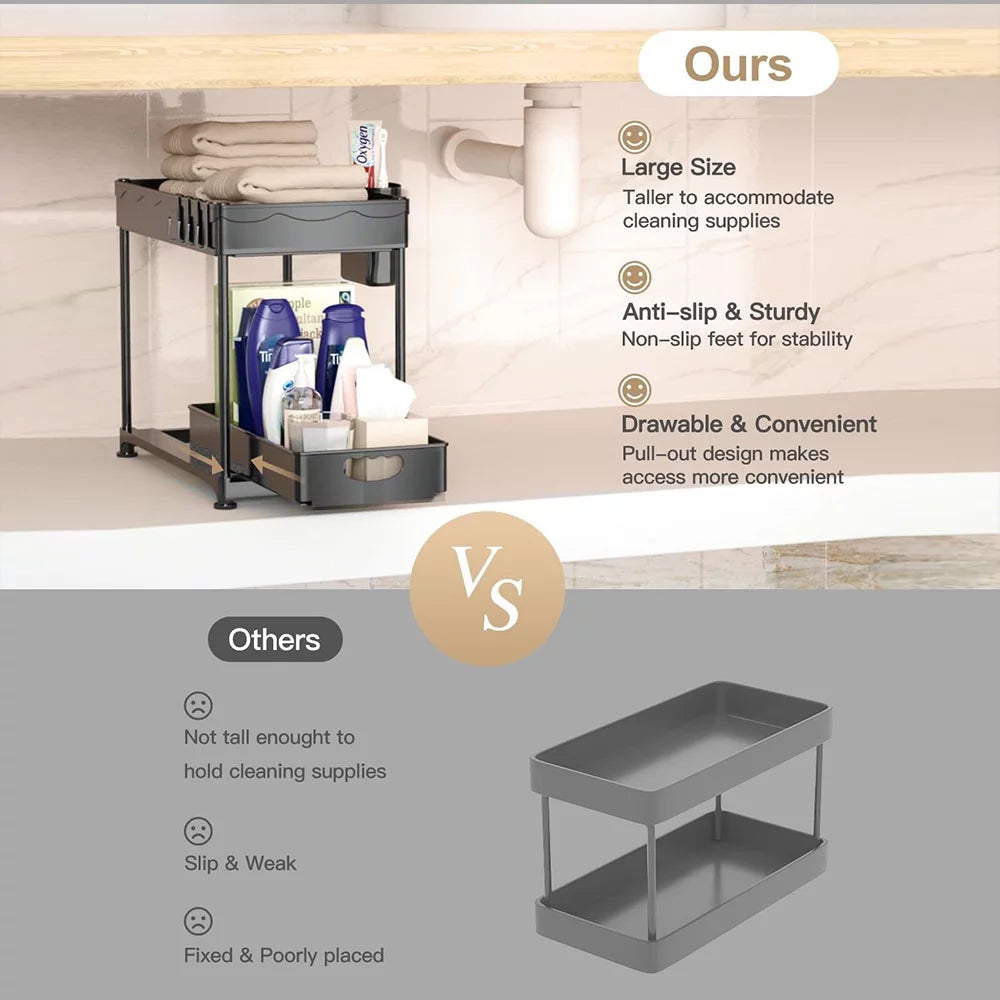 2 Pack 2-Tier Pull Out Under Sink Organizer with Hook & Hanging Cup E259