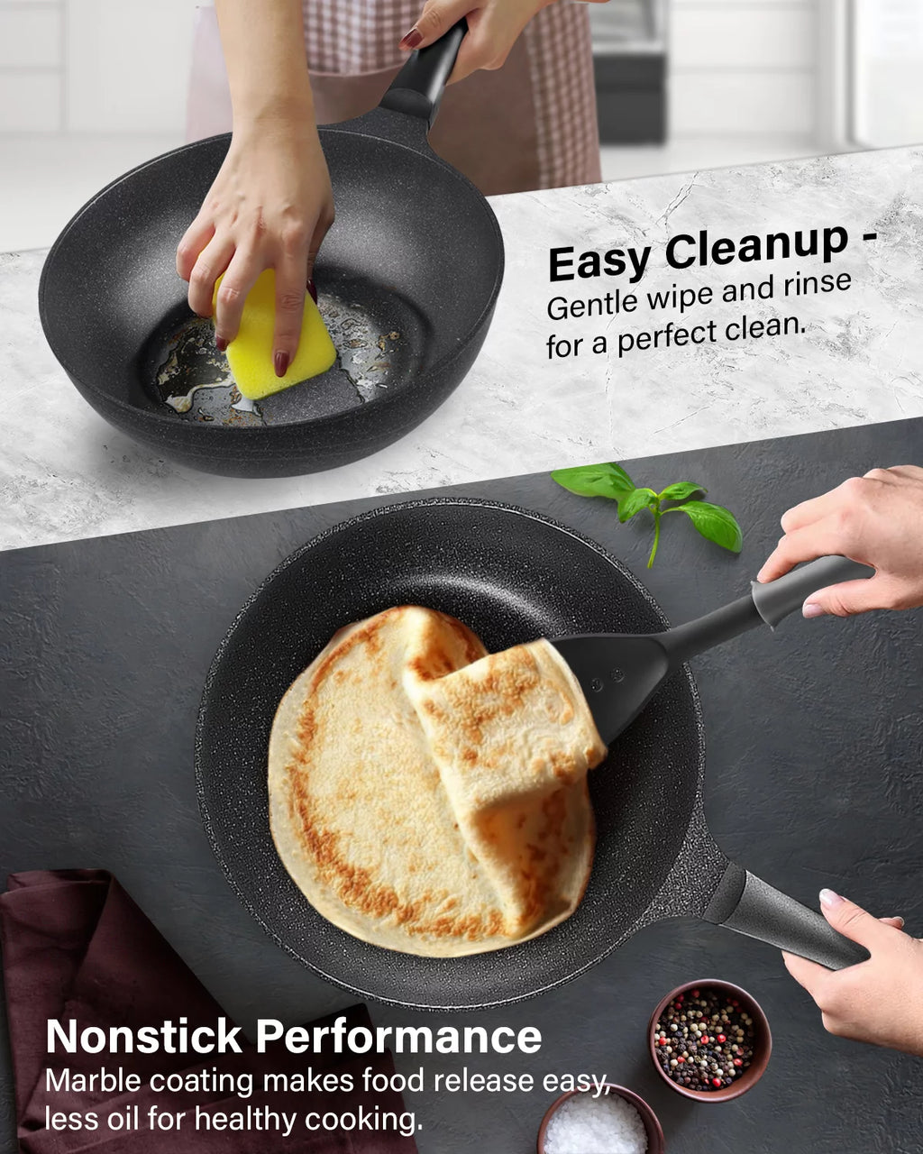 Nonstick Marble Coating Saute Fry Pan with Lid, 12-inch H409