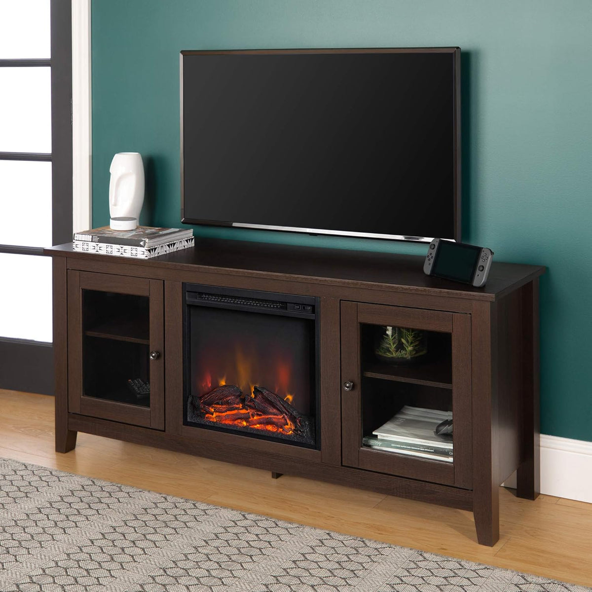 Black 58 Inch Wood and Glass Fireplace TV Stand P445