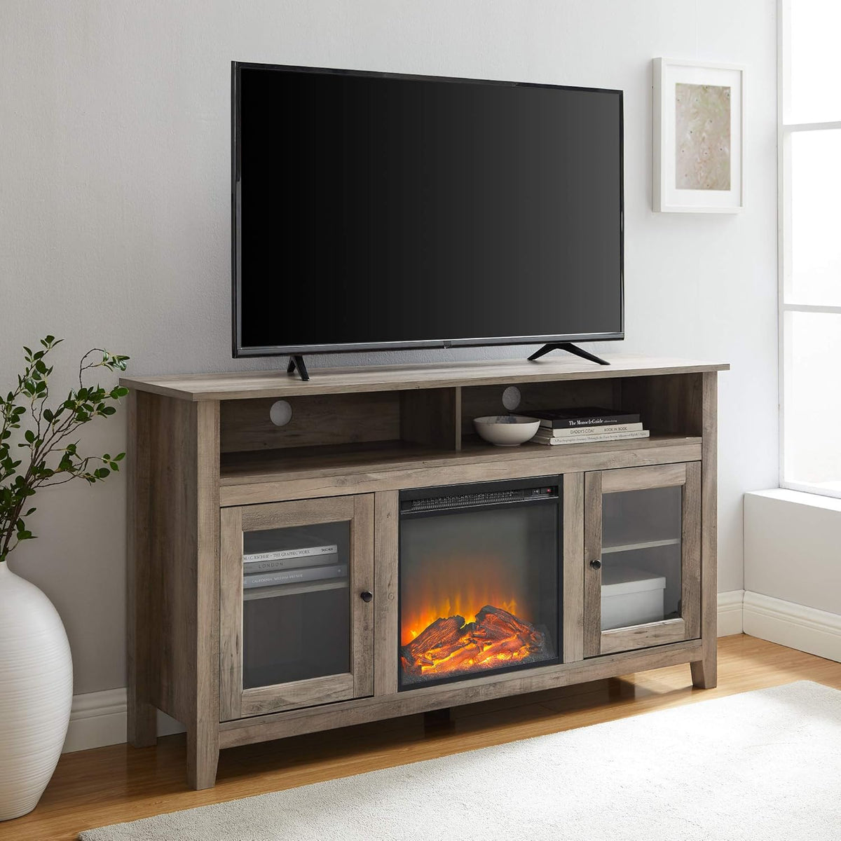 Black 58 Inch Wood and Glass Fireplace TV Stand P445