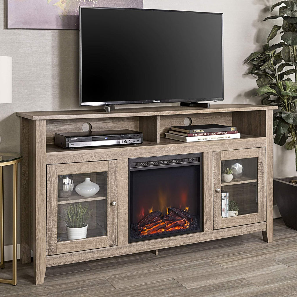 Black 58 Inch Wood and Glass Fireplace TV Stand P445