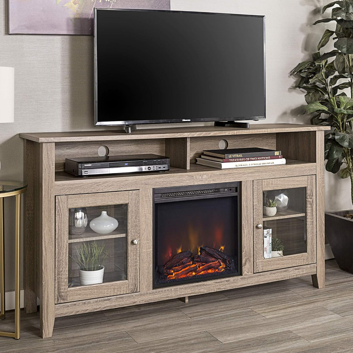 Black 58 Inch Wood and Glass Fireplace TV Stand P445