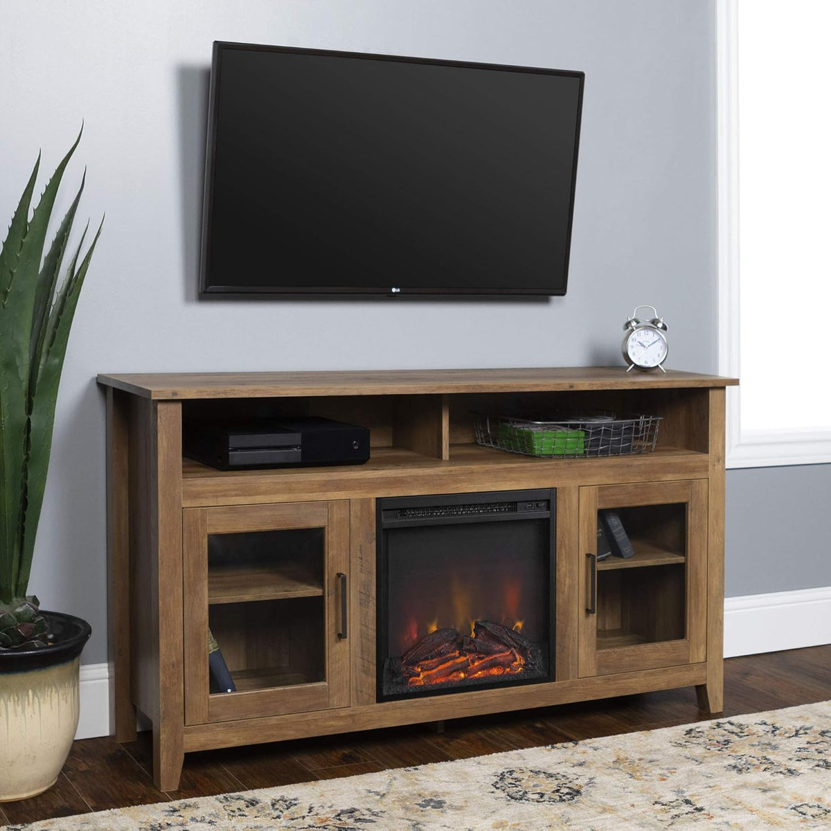 Black 58 Inch Wood and Glass Fireplace TV Stand P445