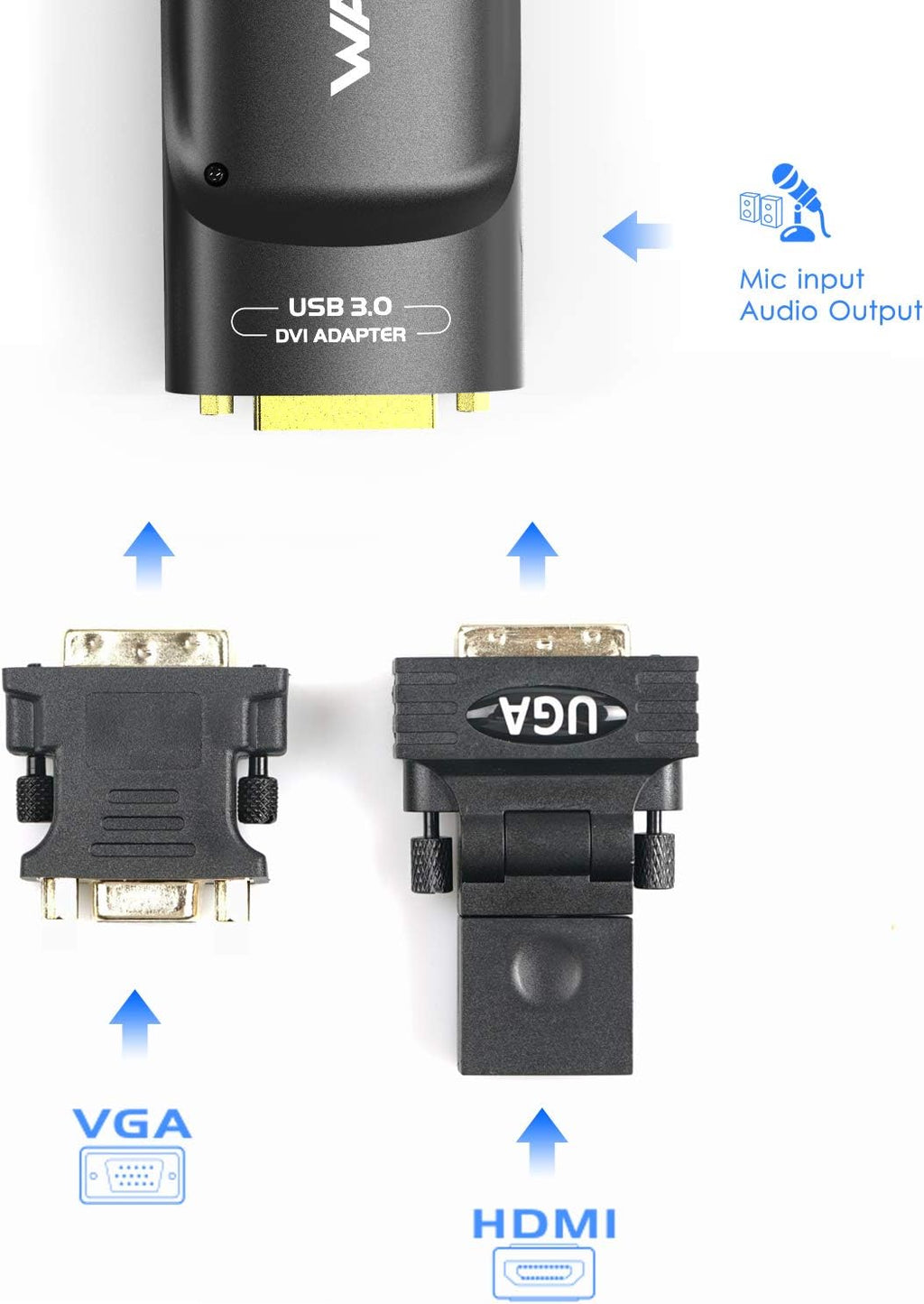 USB 3.0 to DVI/HDMI/VGA Video Adapter with Audio Port Pack of 2 I642701
