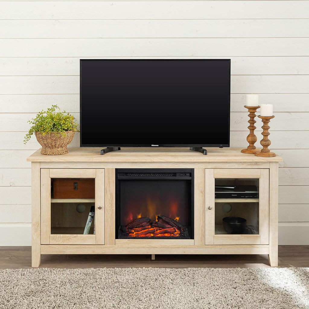 Black 58 Inch Wood and Glass Fireplace TV Stand P445