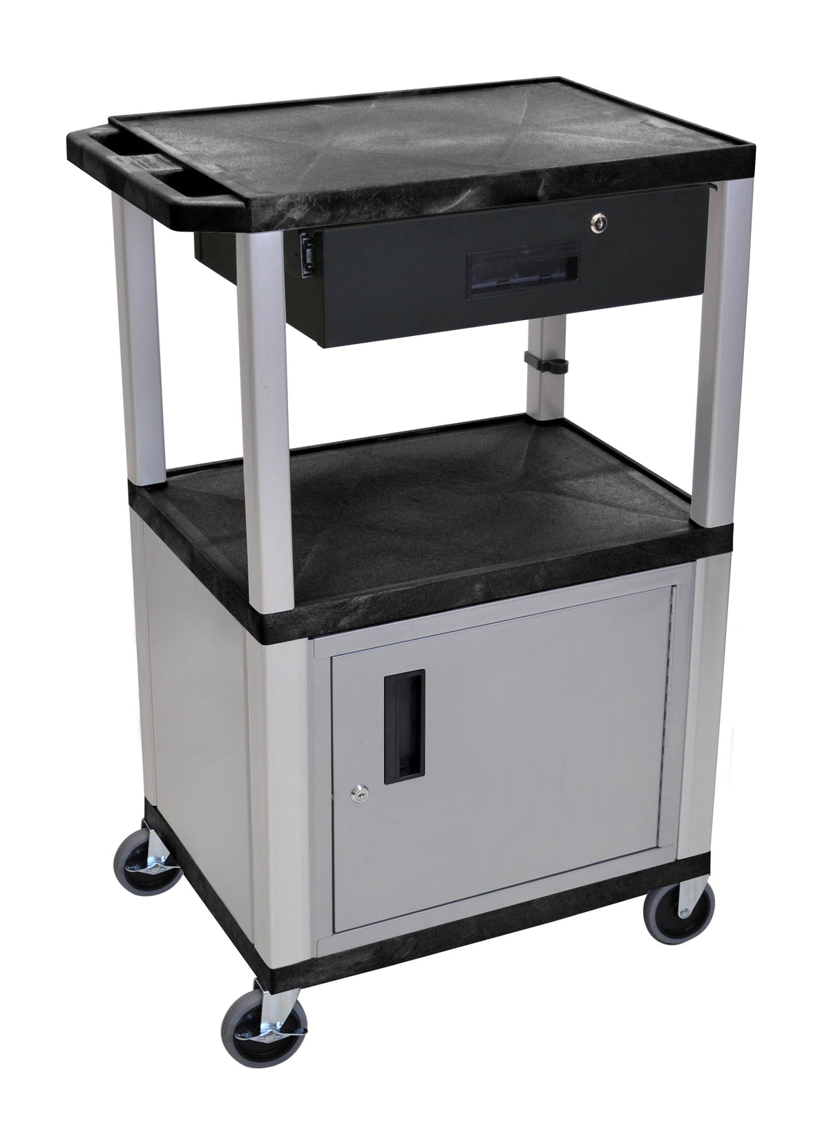 Black 42x22 A/V Cart with 3 Shelves, Cabinet, Drawer R634164
