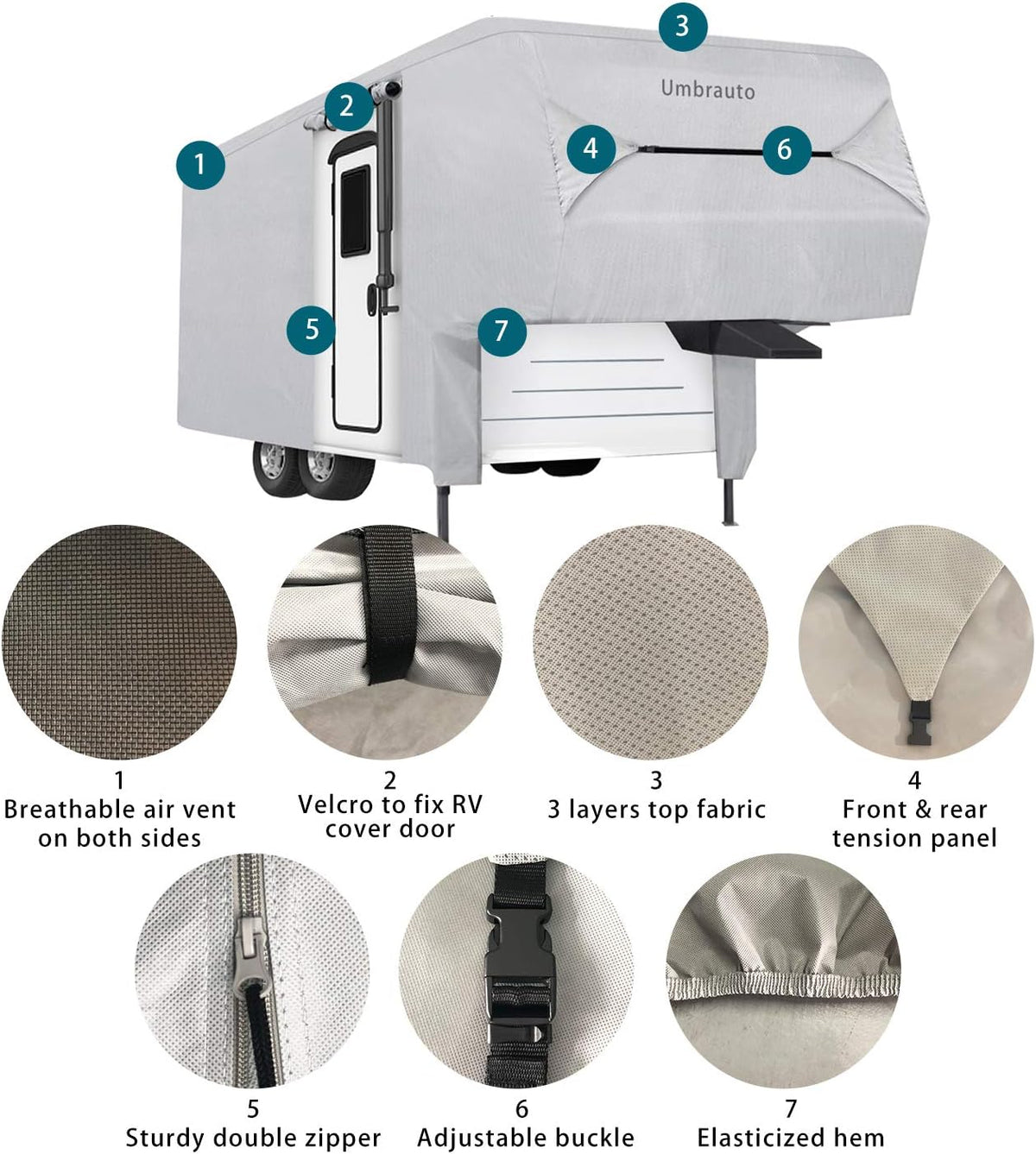 5th Wheel RV Cover 3 Layers Waterproof Breathable Gray O4371