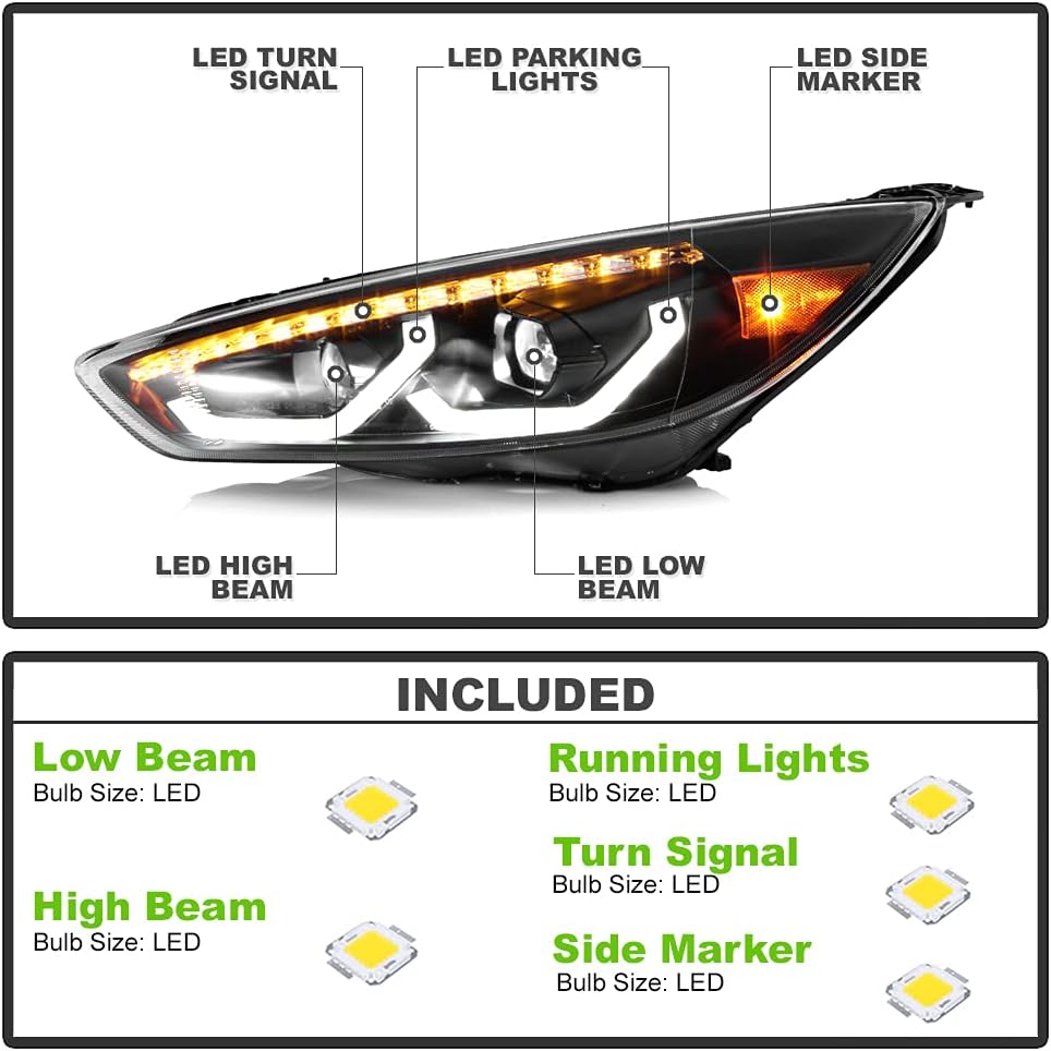 2015-2018 Ford Focus Black LED Projector Headlights W2707
