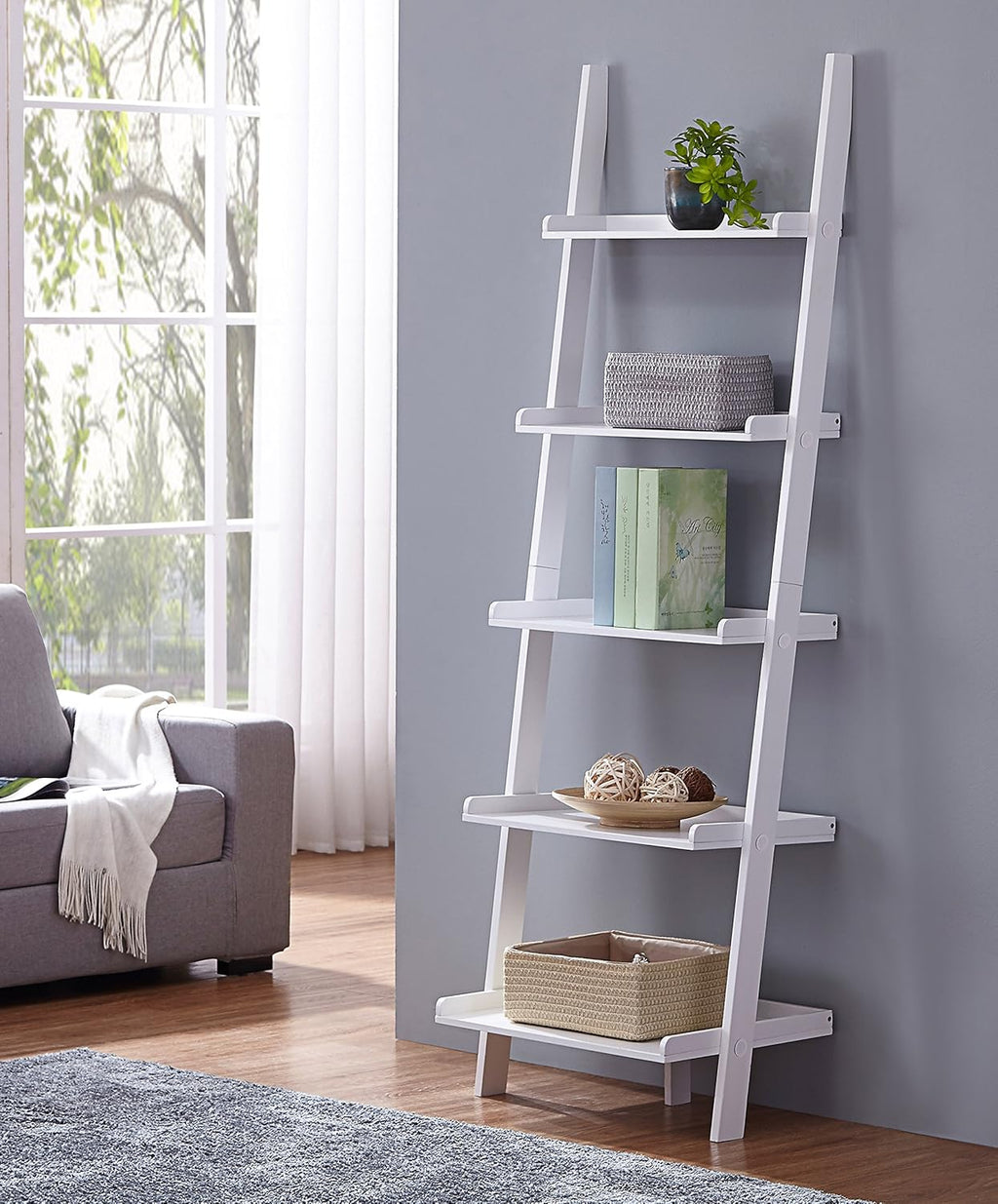 White 5 Tier Leaning Bookcase G54448