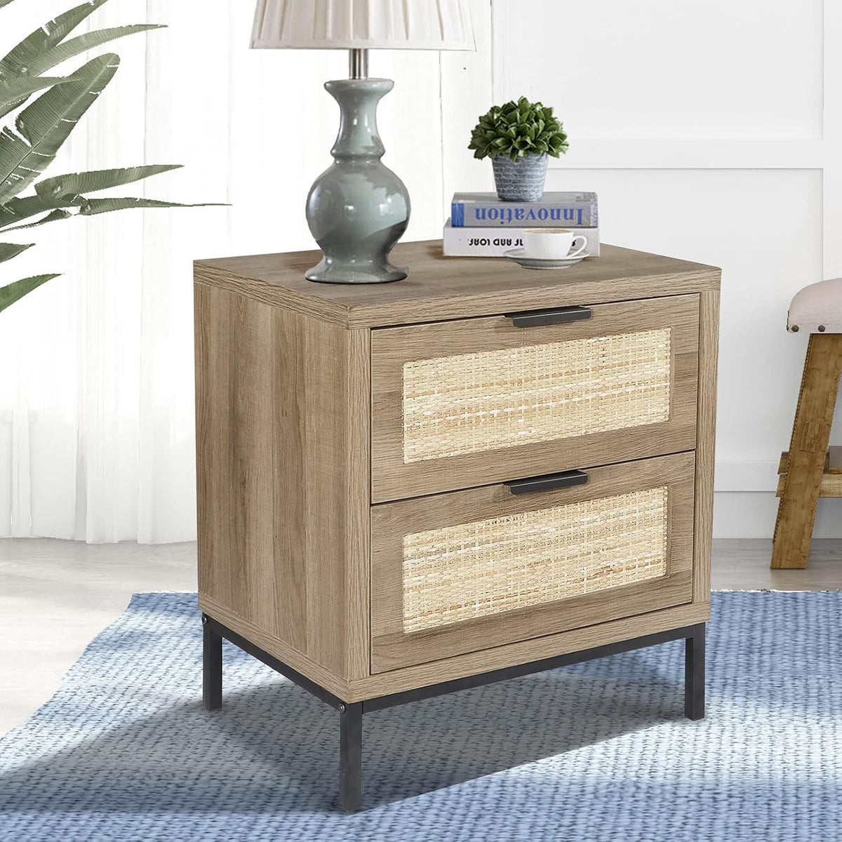 White Natural Rattan 2 Drawer Wood Nightstand N165077