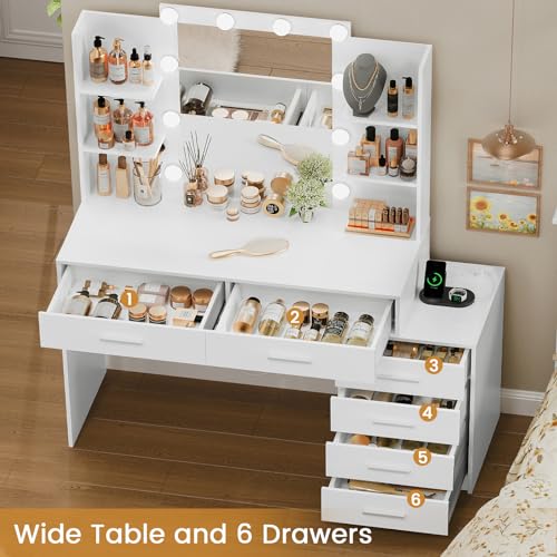 Large White Vanity Desk with Lighted Mirror and Power Outlet M306014