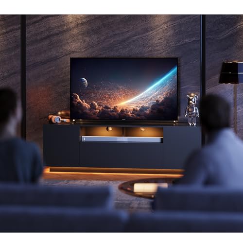 Black TV Stand with LED Lights and Storage Cabinet U855