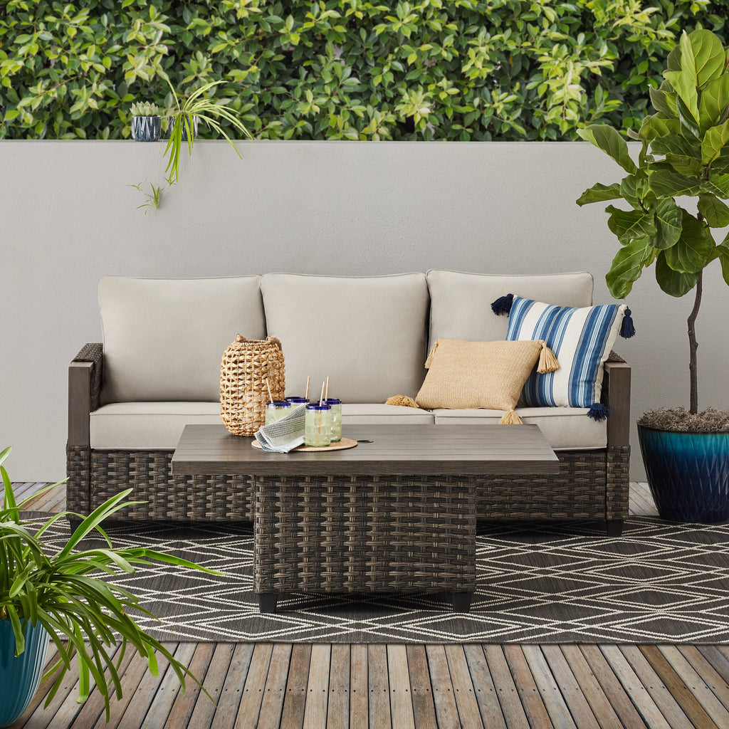 Brown Wicker Sofa and Adjustable Height Table Set O99878