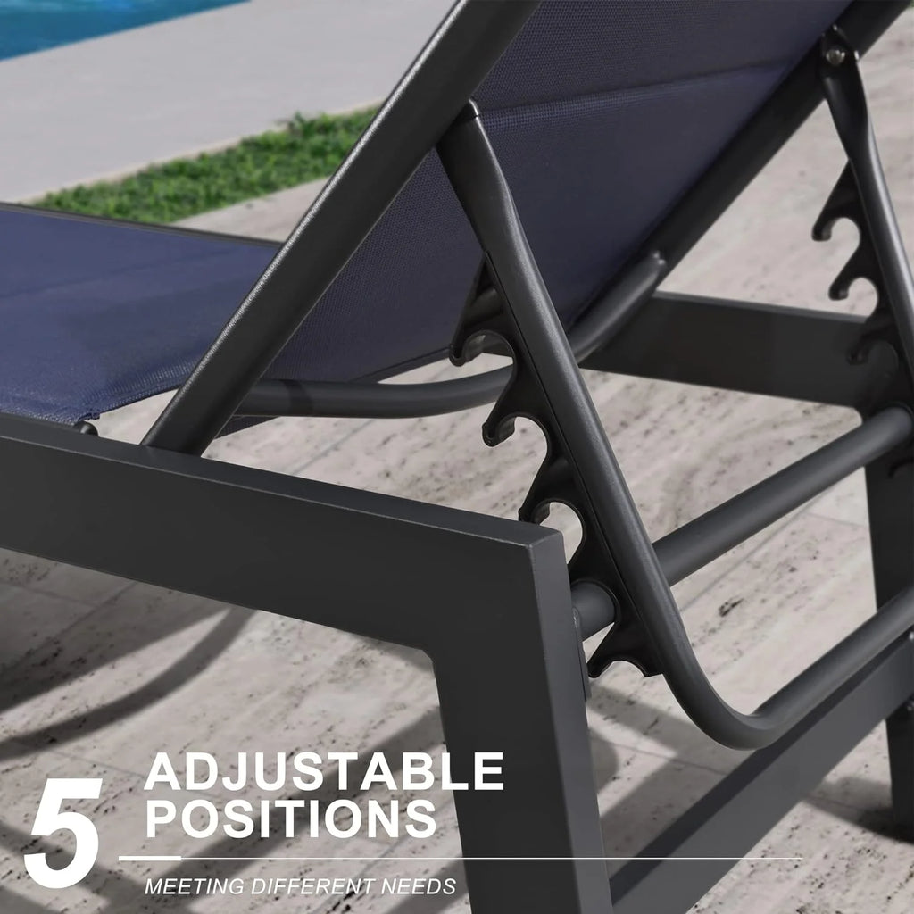 Navy Blue Aluminum 3 Piece Chaise Lounge Set with Wheels and Side Table J46140