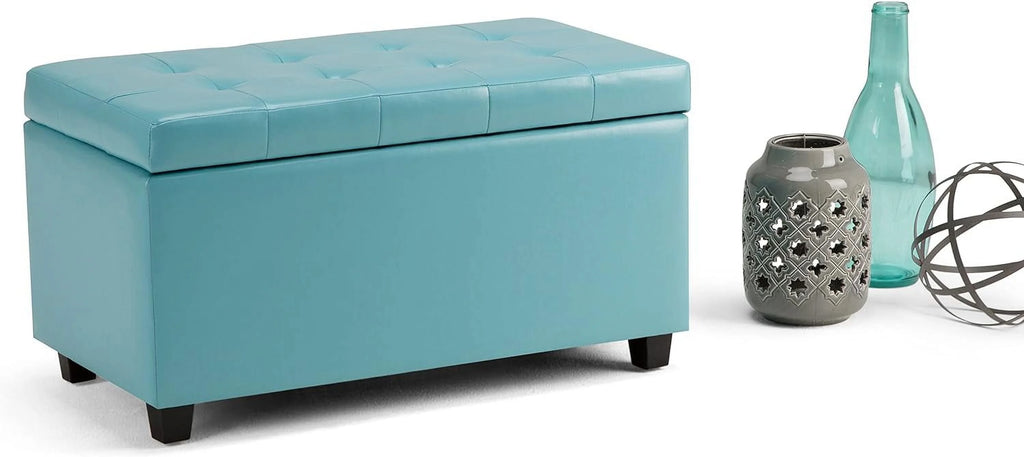 Soft Blue Tufted Faux Leather Lift Top Storage Ottoman I55996