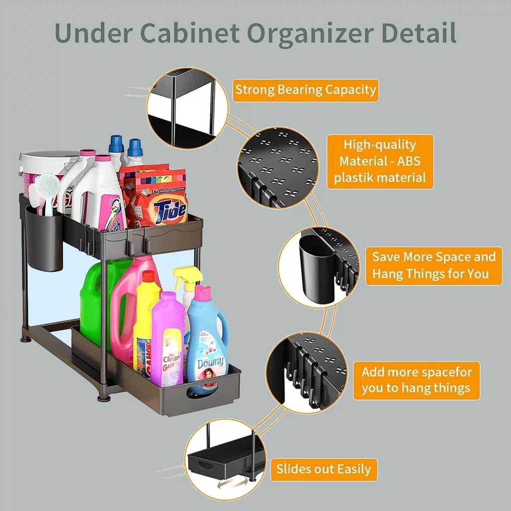 2 Pack 2-Tier Pull Out Under Sink Organizer with Hook & Hanging Cup E259